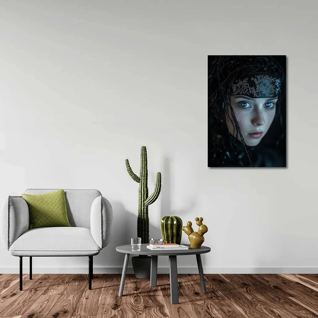 Cyberpunk Girl Digital Code Dark Portrait – Wall Art