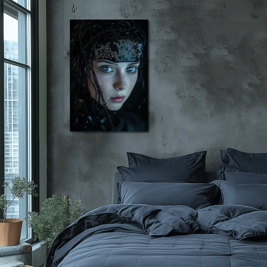 Cyberpunk Girl Digital Code Dark Portrait – Wall Art