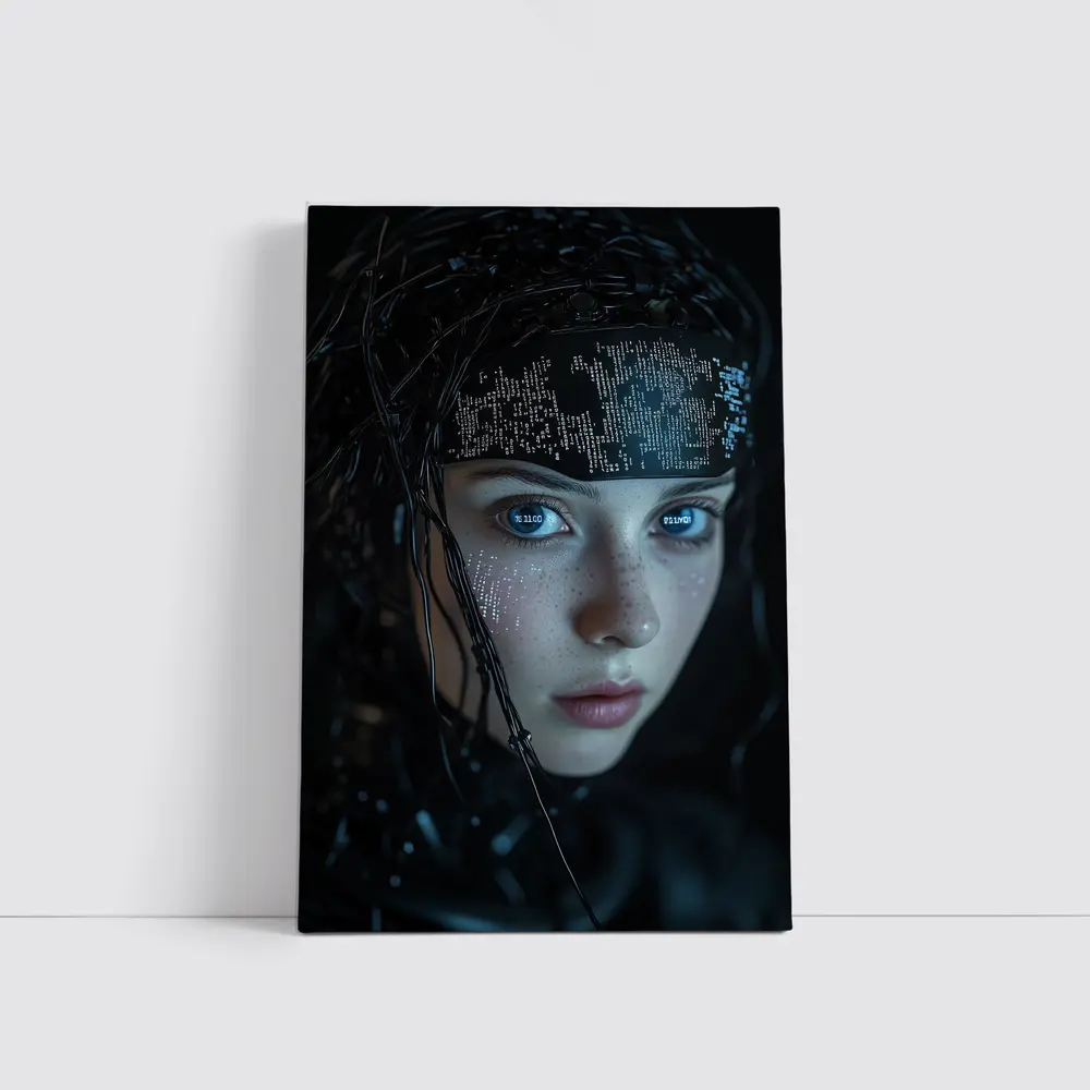 Cyberpunk Girl Digital Code Dark Portrait – Wall Art
