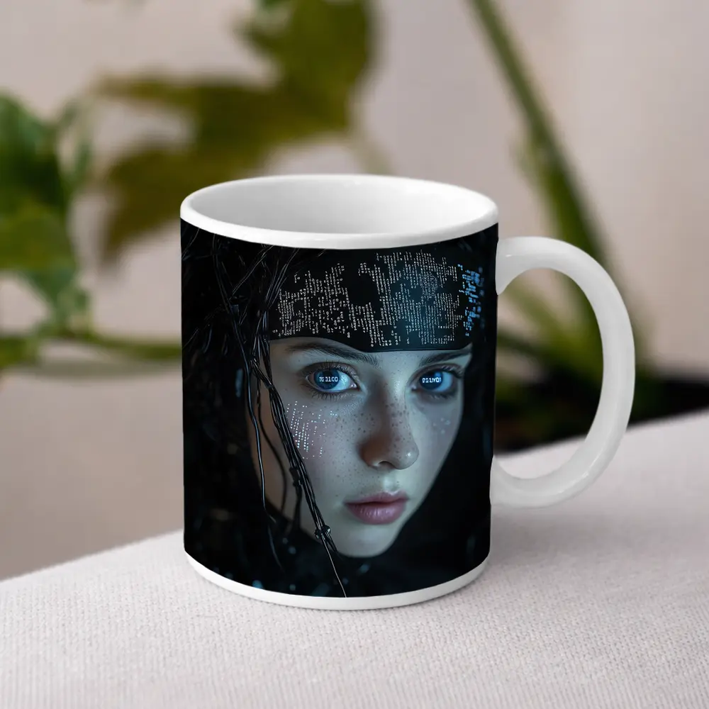 Cyberpunk Girl Digital Code Dark Portrait – Mugs