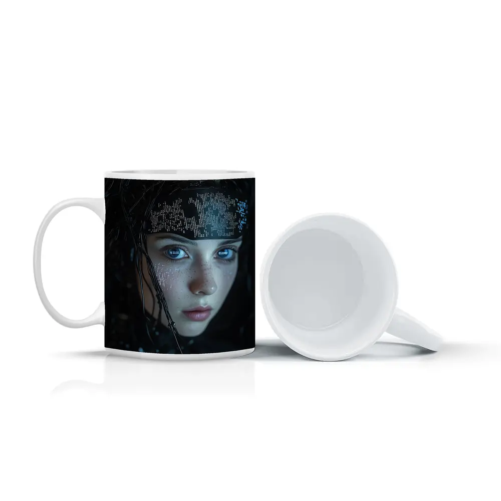 Cyberpunk Girl Digital Code Dark Portrait – Mugs