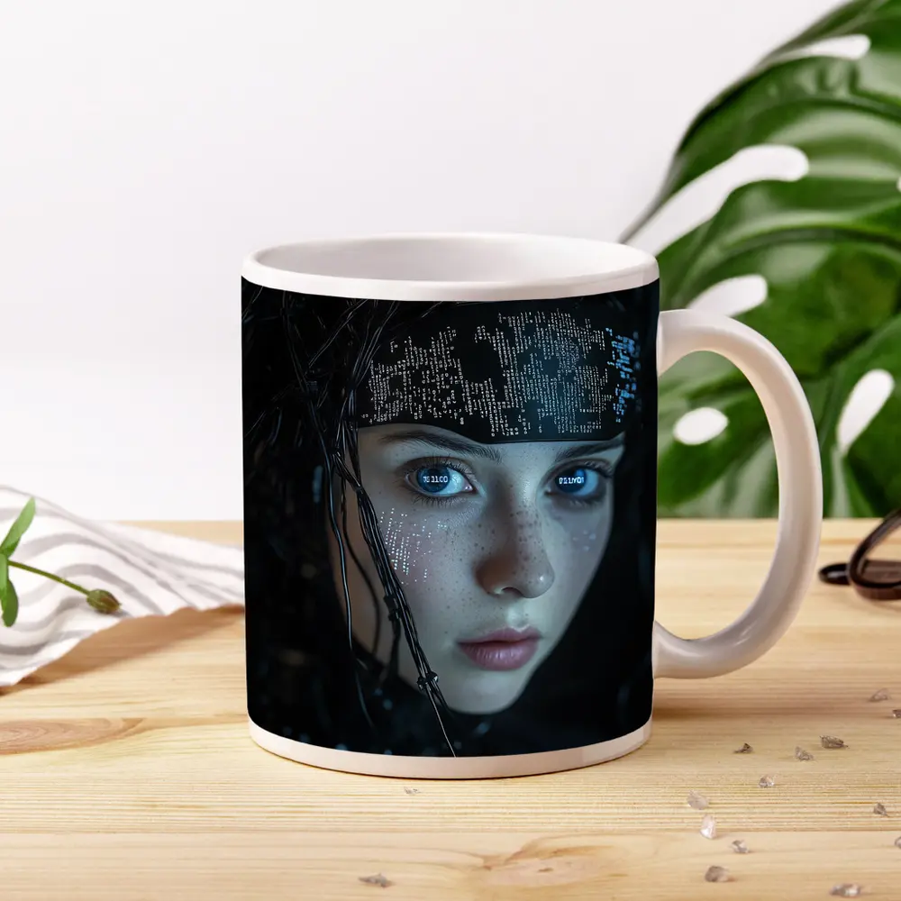 Cyberpunk Girl Digital Code Dark Portrait – Mugs