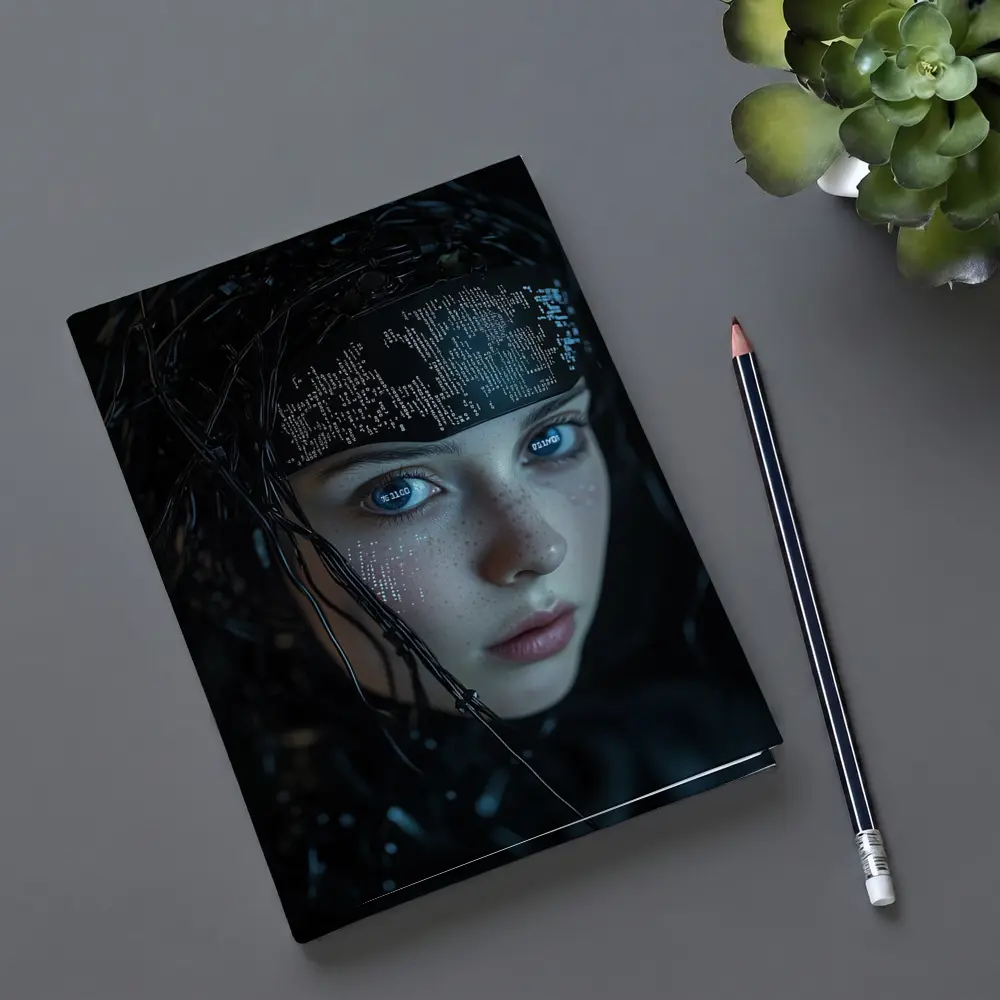 Cyberpunk Girl Digital Code Dark Portrait – Notebooks
