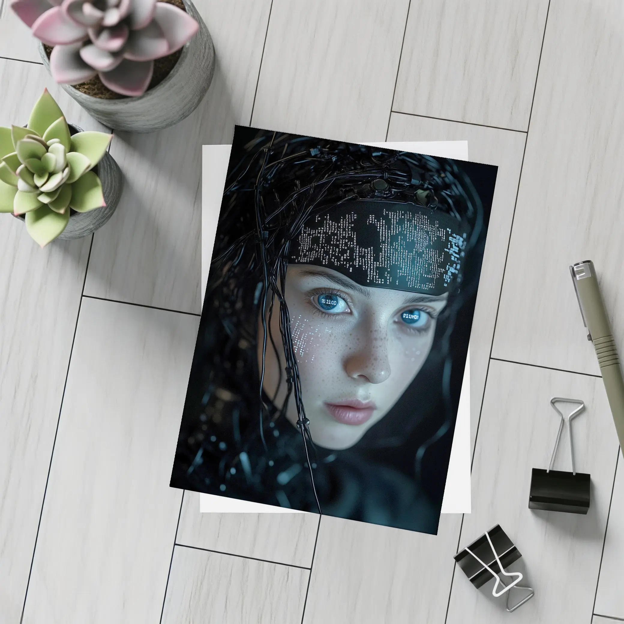 Cyberpunk Girl Digital Code Dark Portrait – Postcards