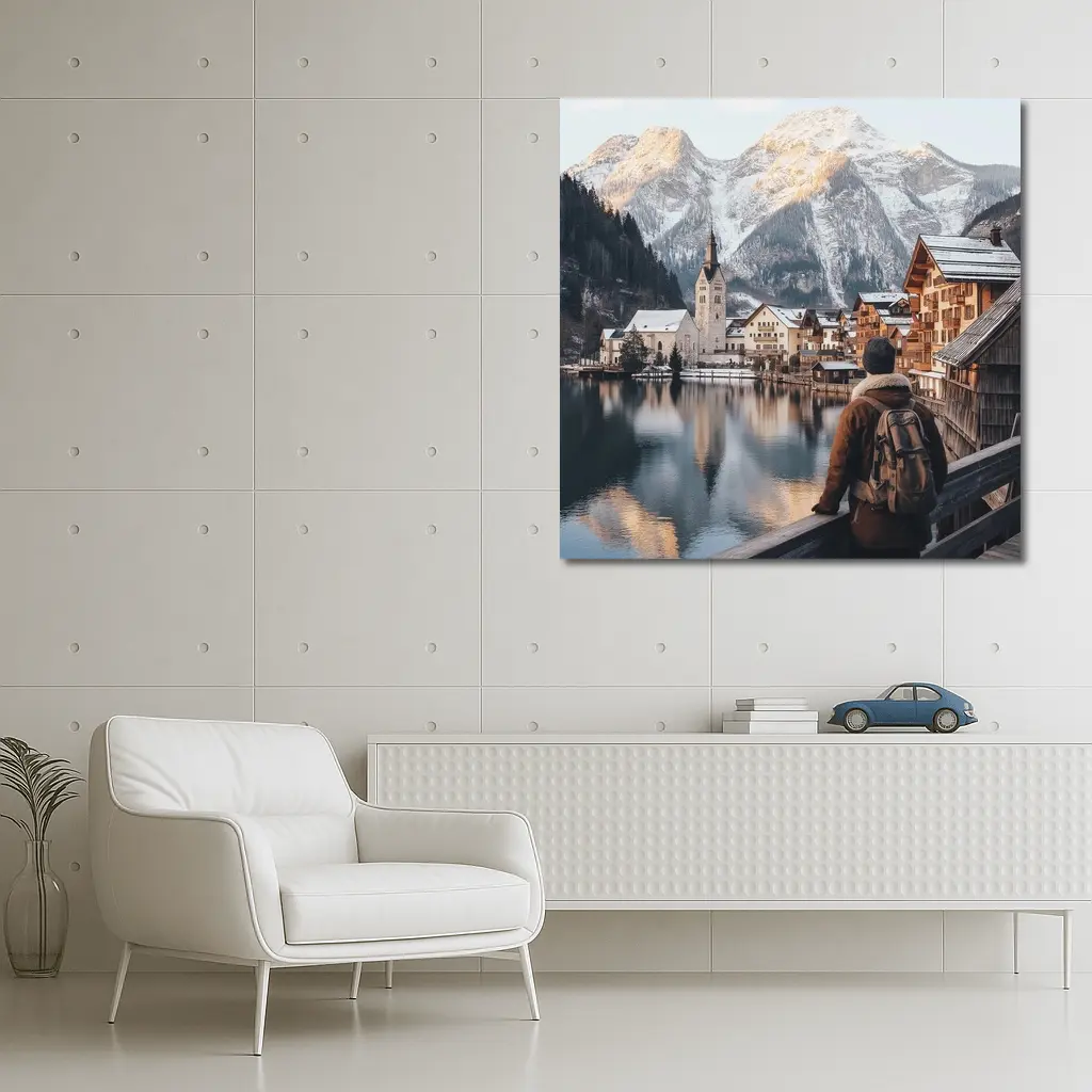Traveler Overlooking Hallstatt Alpine Lake Village – Wall Art