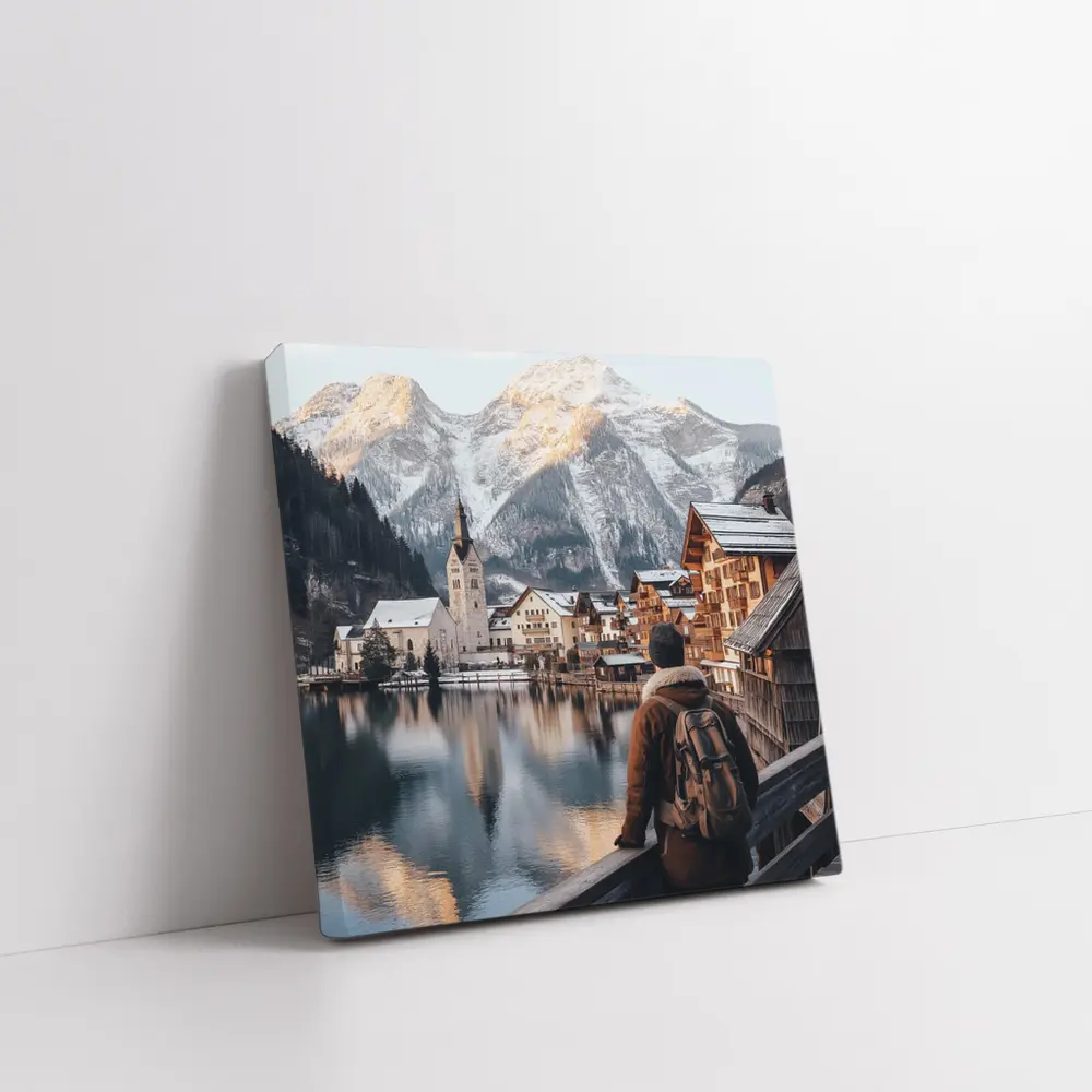 Traveler Overlooking Hallstatt Alpine Lake Village – Wall Art