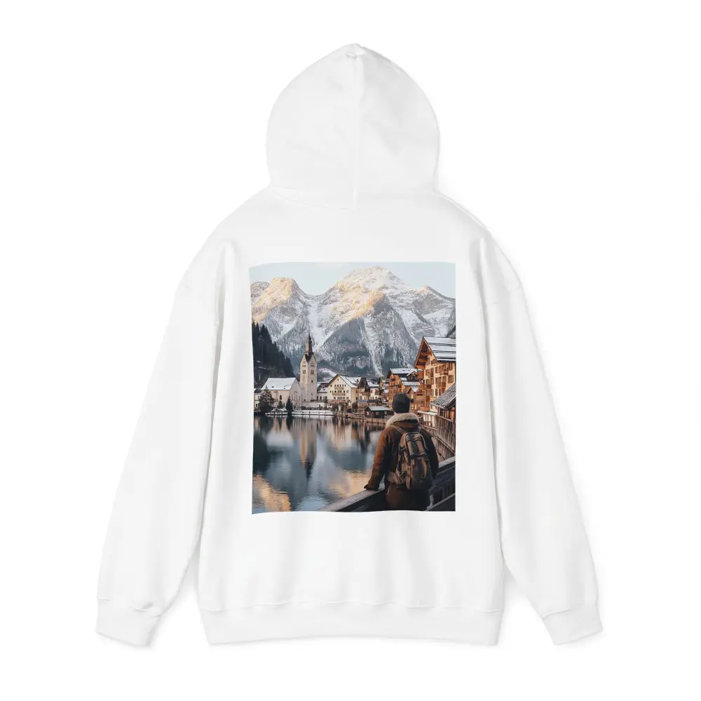 Traveler Overlooking Hallstatt Alpine Lake Village – Hoodies
