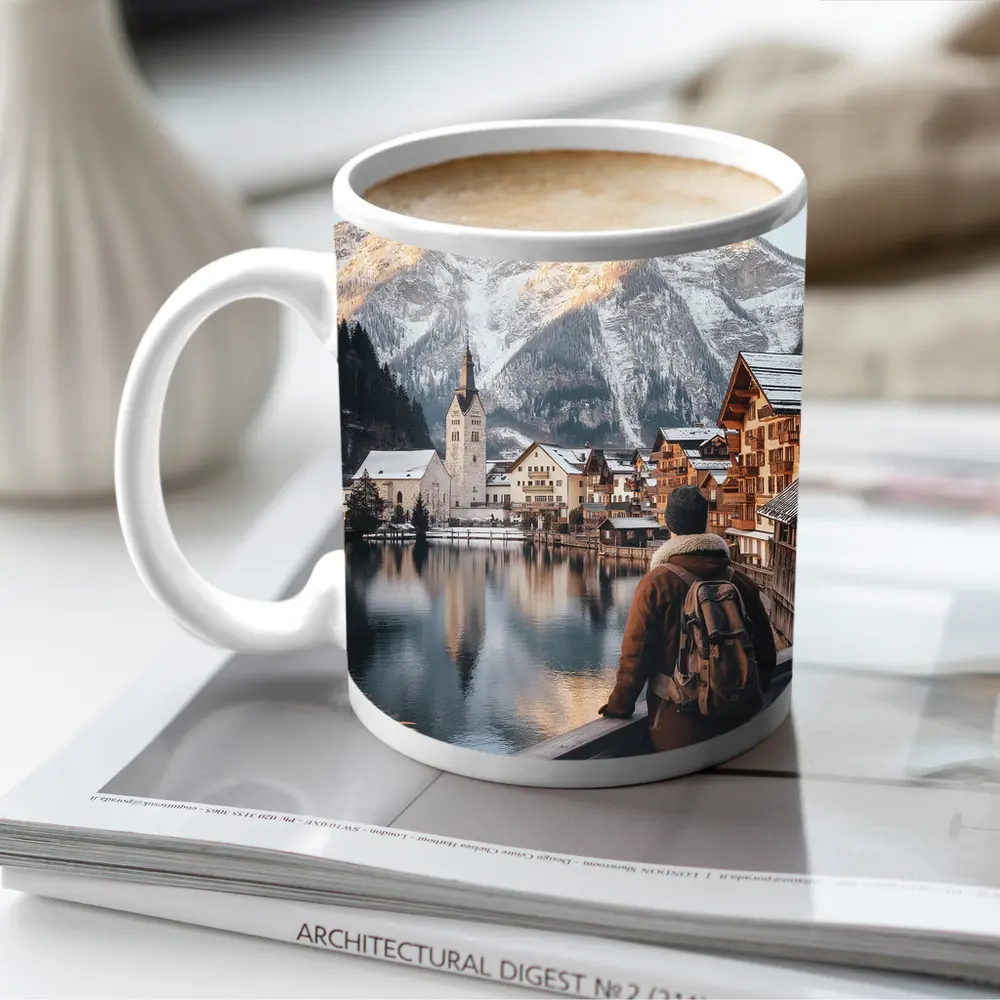 Traveler Overlooking Hallstatt Alpine Lake Village – Mugs