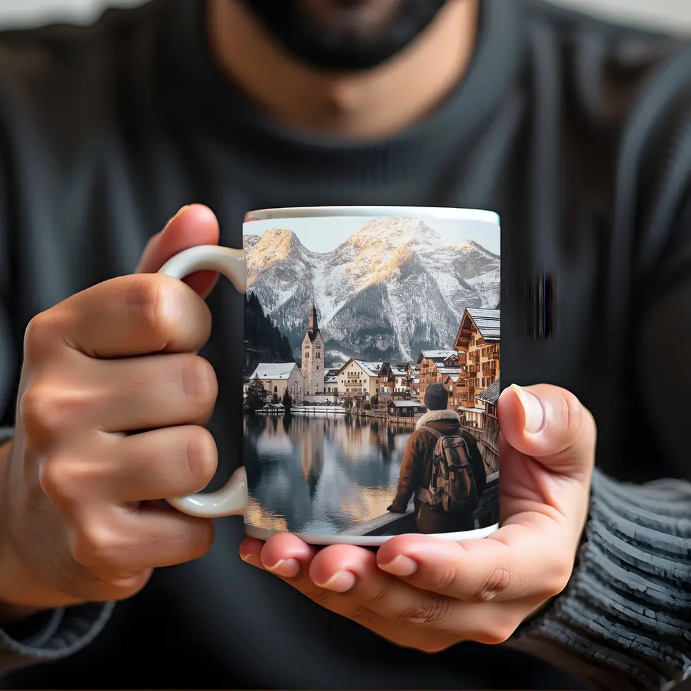 Traveler Overlooking Hallstatt Alpine Lake Village – Mugs