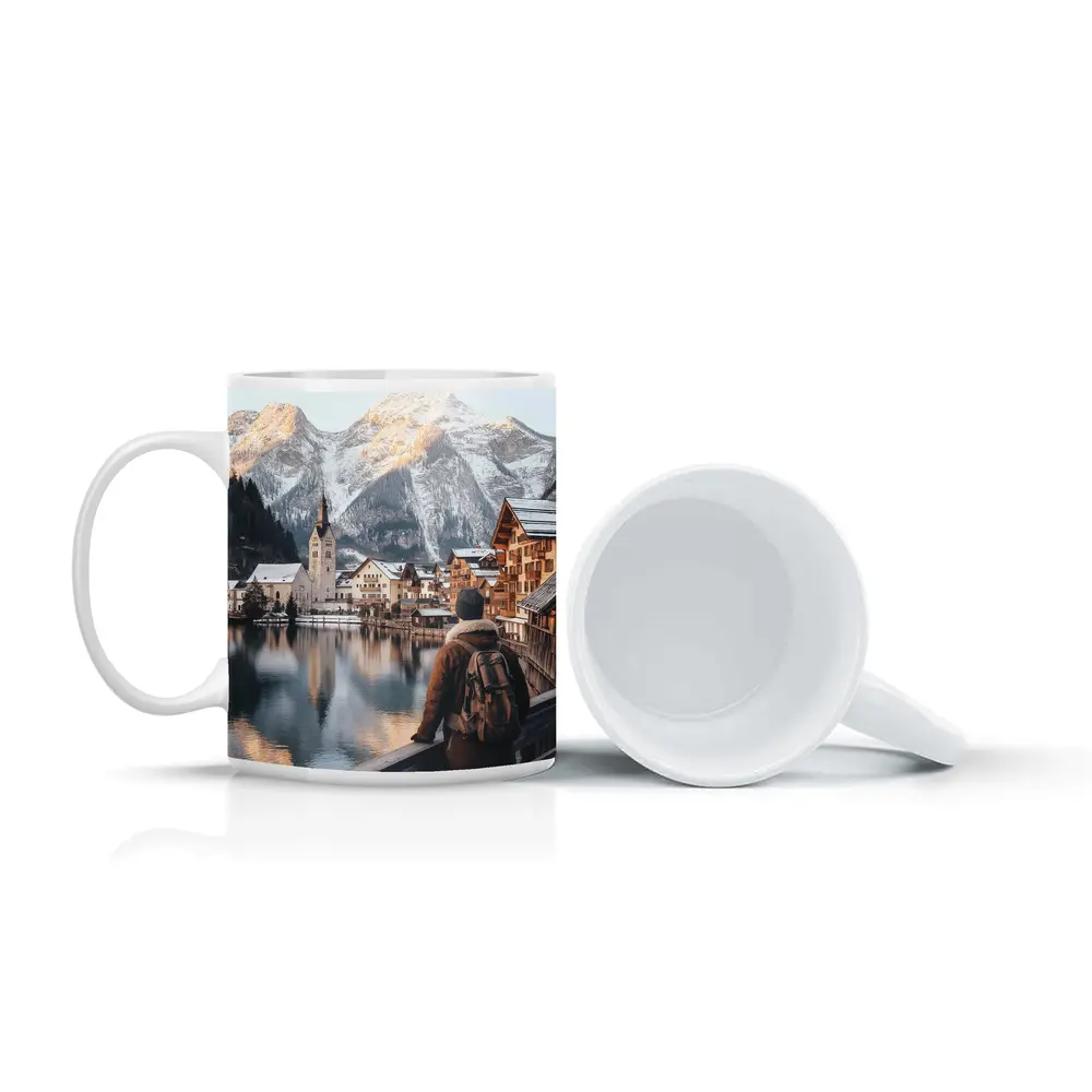 Traveler Overlooking Hallstatt Alpine Lake Village – Mugs