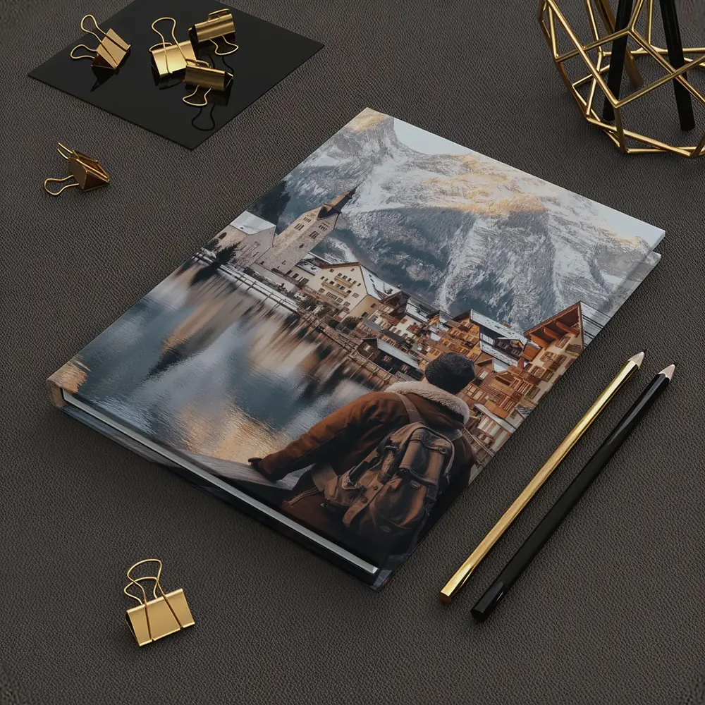 Traveler Overlooking Hallstatt Alpine Lake Village – Notebooks