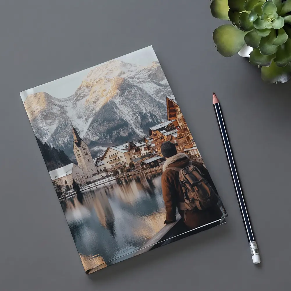 Traveler Overlooking Hallstatt Alpine Lake Village – Notebooks