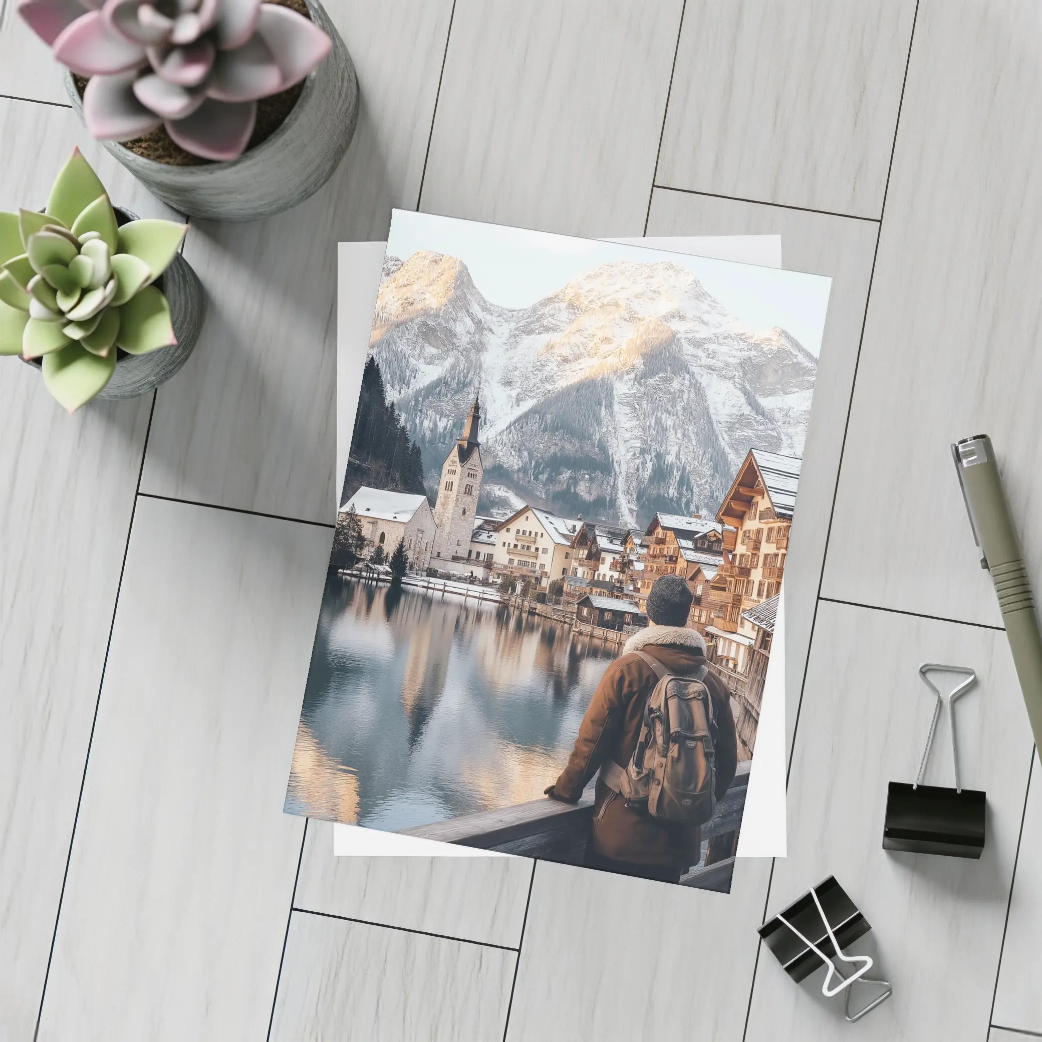 Traveler Overlooking Hallstatt Alpine Lake Village – Postcards