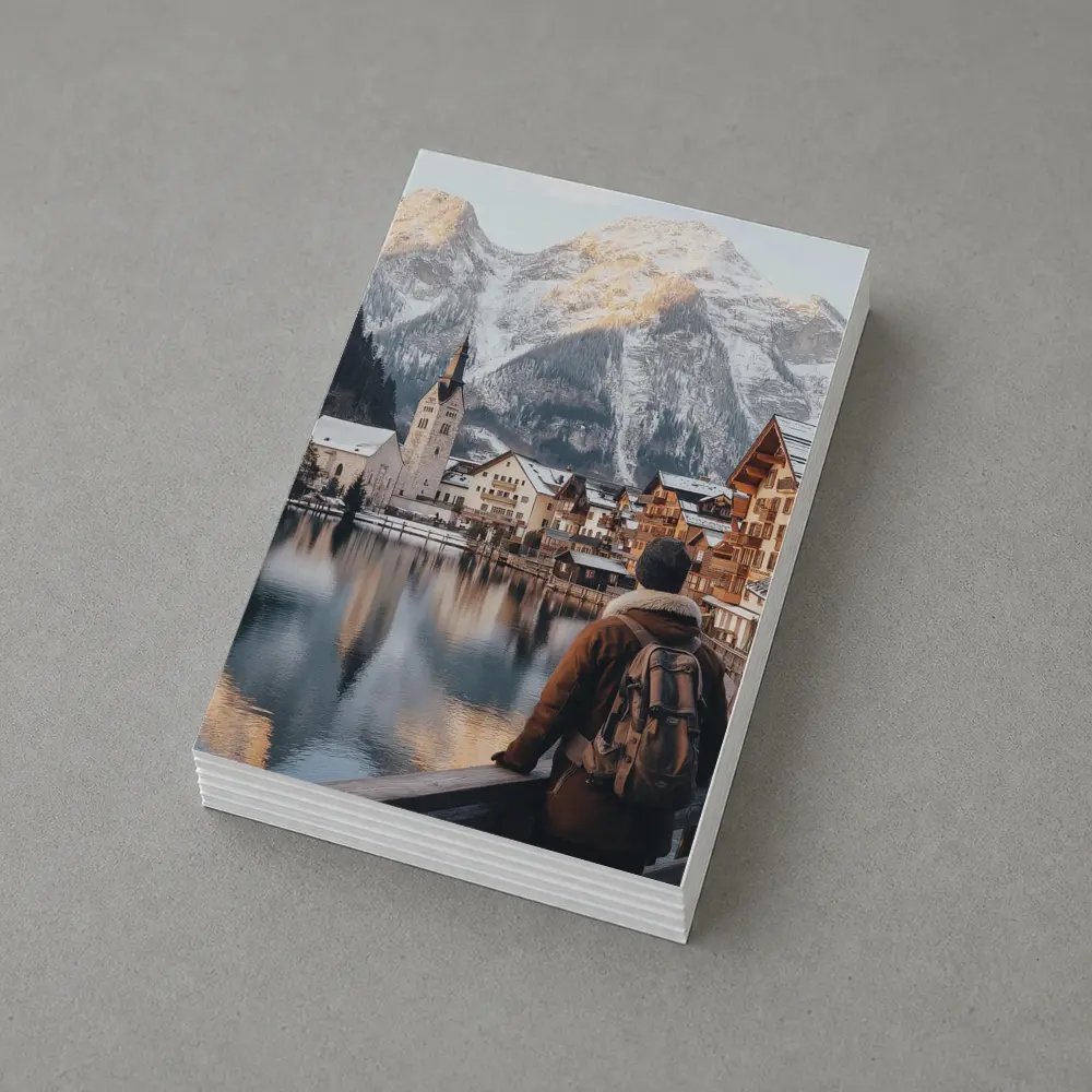 Traveler Overlooking Hallstatt Alpine Lake Village – Postcards
