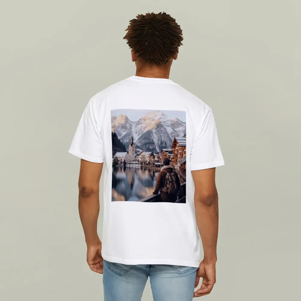 Traveler Overlooking Hallstatt Alpine Lake Village – T-Shirts