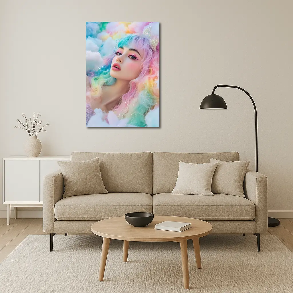 Pastel Rainbow Hair Woman Fluffy Clouds Fantasy – Wall Art