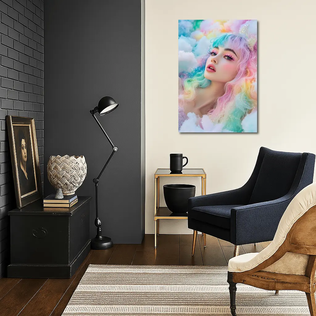 Pastel Rainbow Hair Woman Fluffy Clouds Fantasy – Wall Art