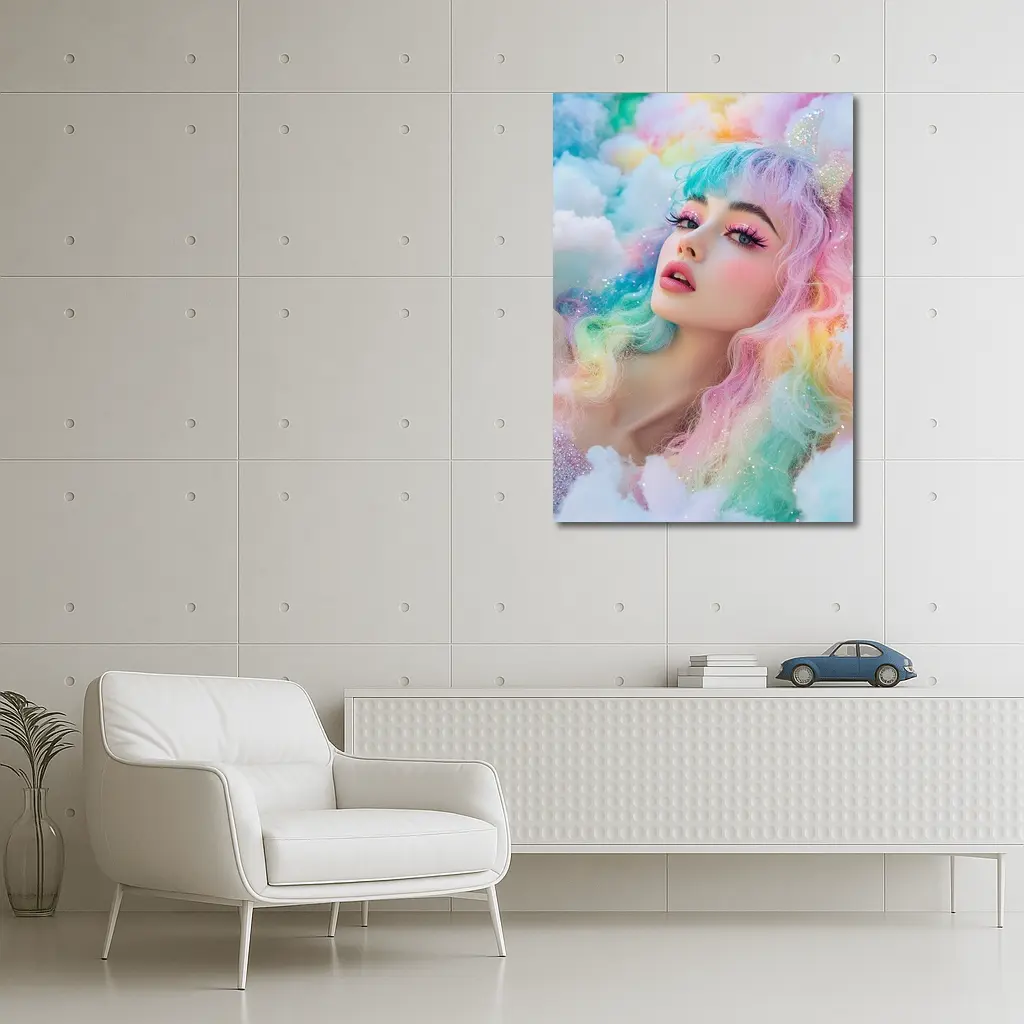 Pastel Rainbow Hair Woman Fluffy Clouds Fantasy – Wall Art