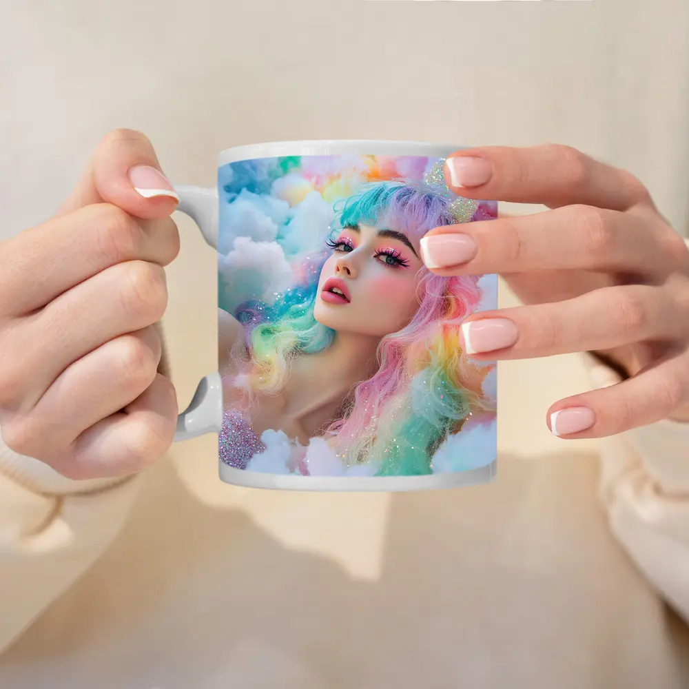 Pastel Rainbow Hair Woman Fluffy Clouds Fantasy – Mugs