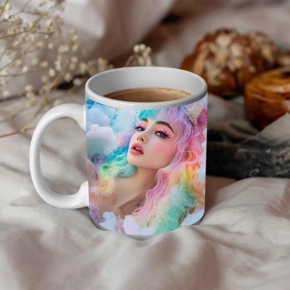 Pastel Rainbow Hair Woman Fluffy Clouds Fantasy – Mugs
