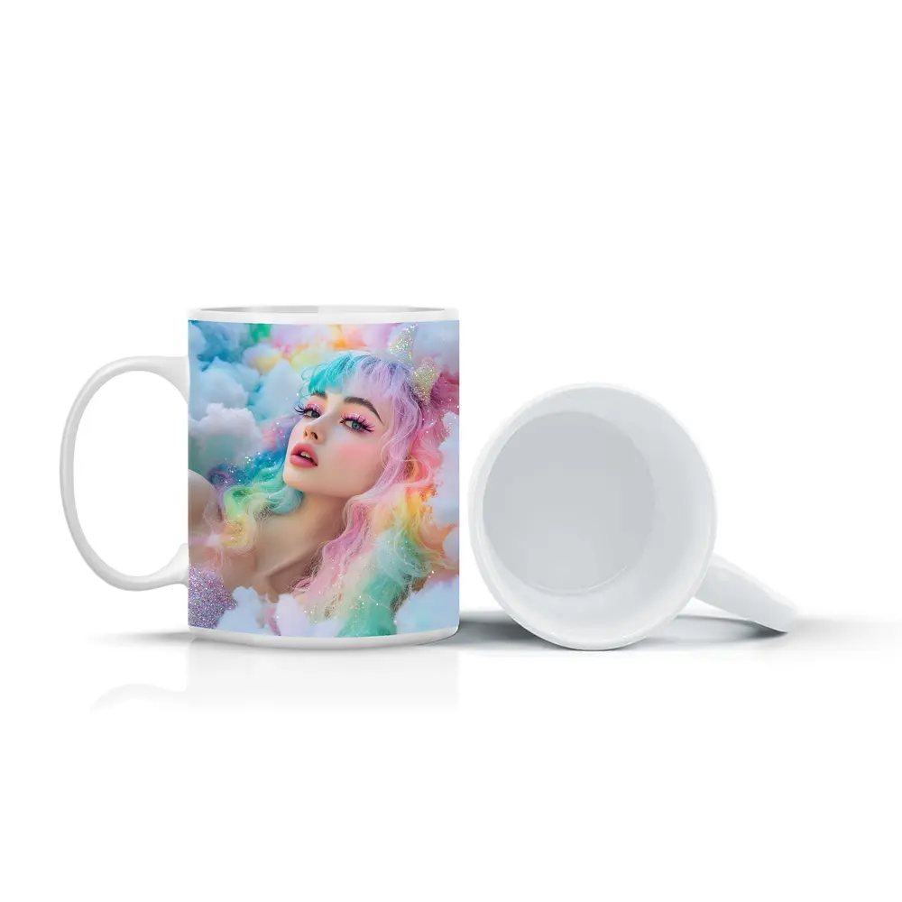 Pastel Rainbow Hair Woman Fluffy Clouds Fantasy – Mugs