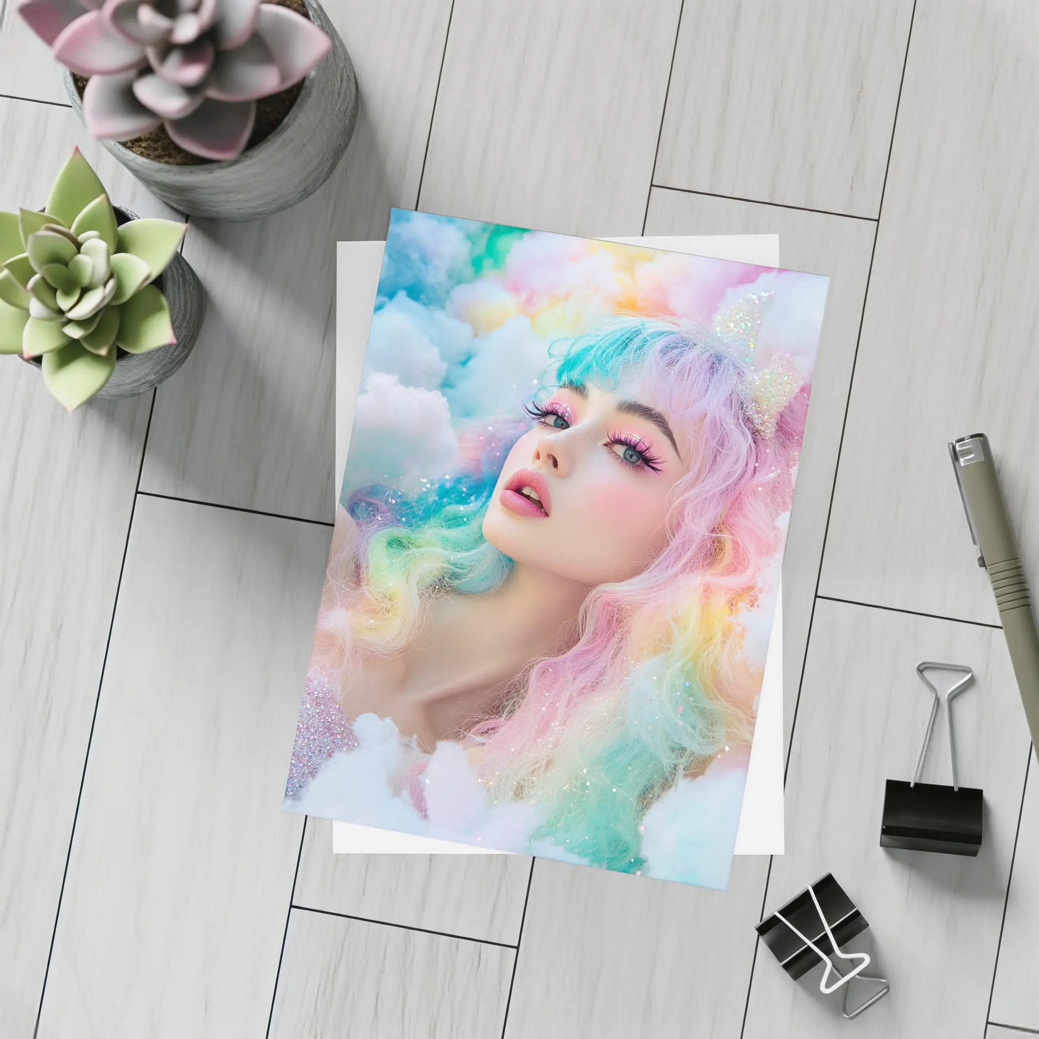 Pastel Rainbow Hair Woman Fluffy Clouds Fantasy – Postcards