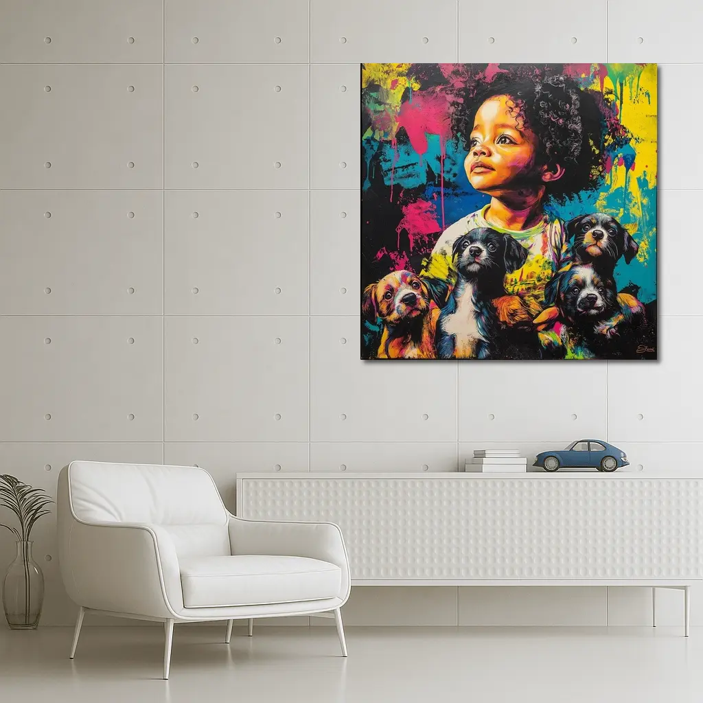 Child With Puppies Colorful Pop Art – Wall Art