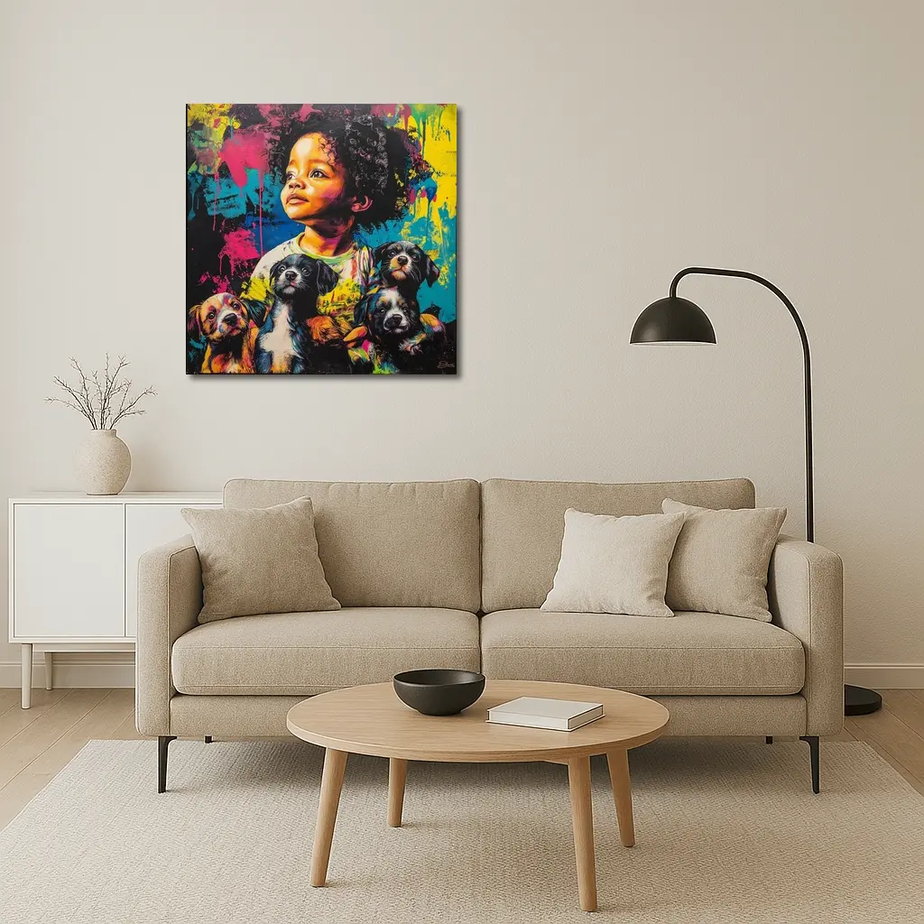 Child With Puppies Colorful Pop Art – Wall Art