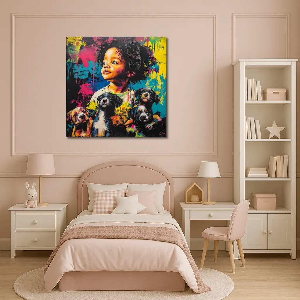 Child With Puppies Colorful Pop Art – Wall Art