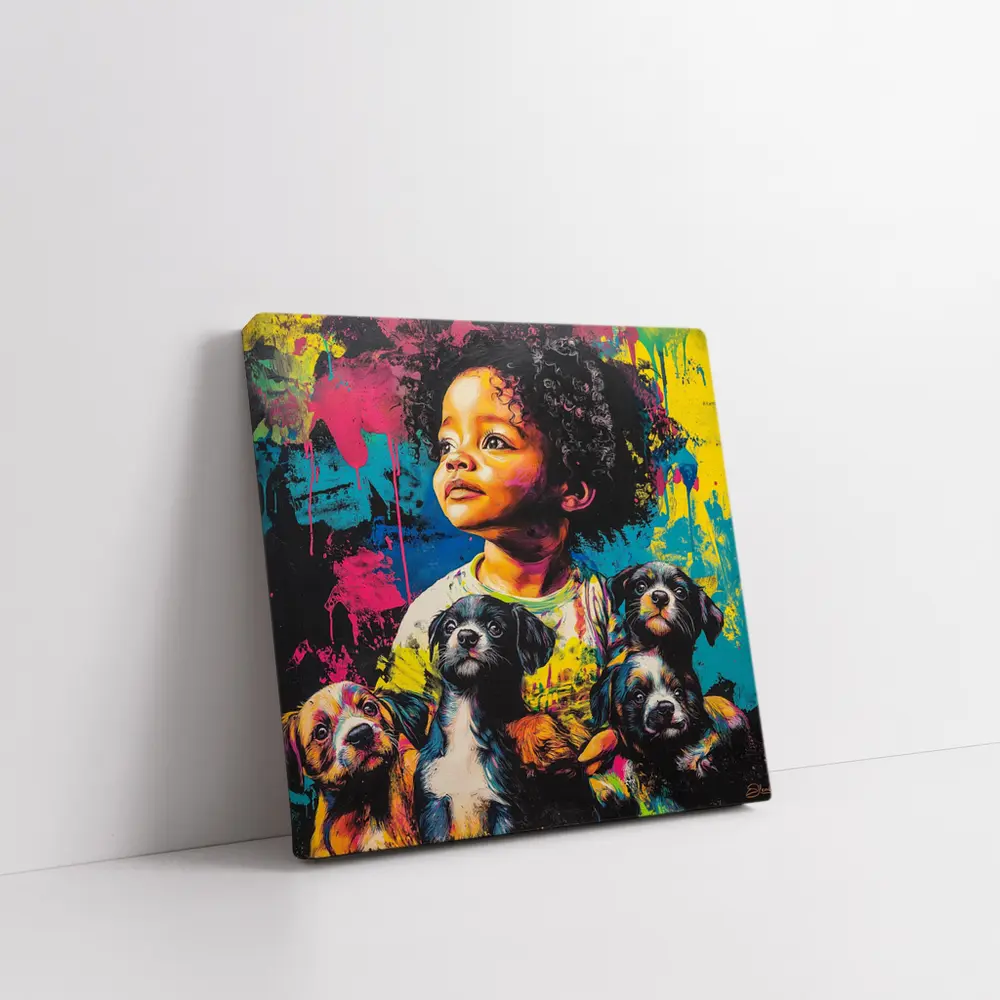 Child With Puppies Colorful Pop Art – Wall Art