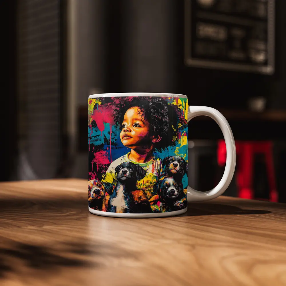 Child With Puppies Colorful Pop Art – Mugs