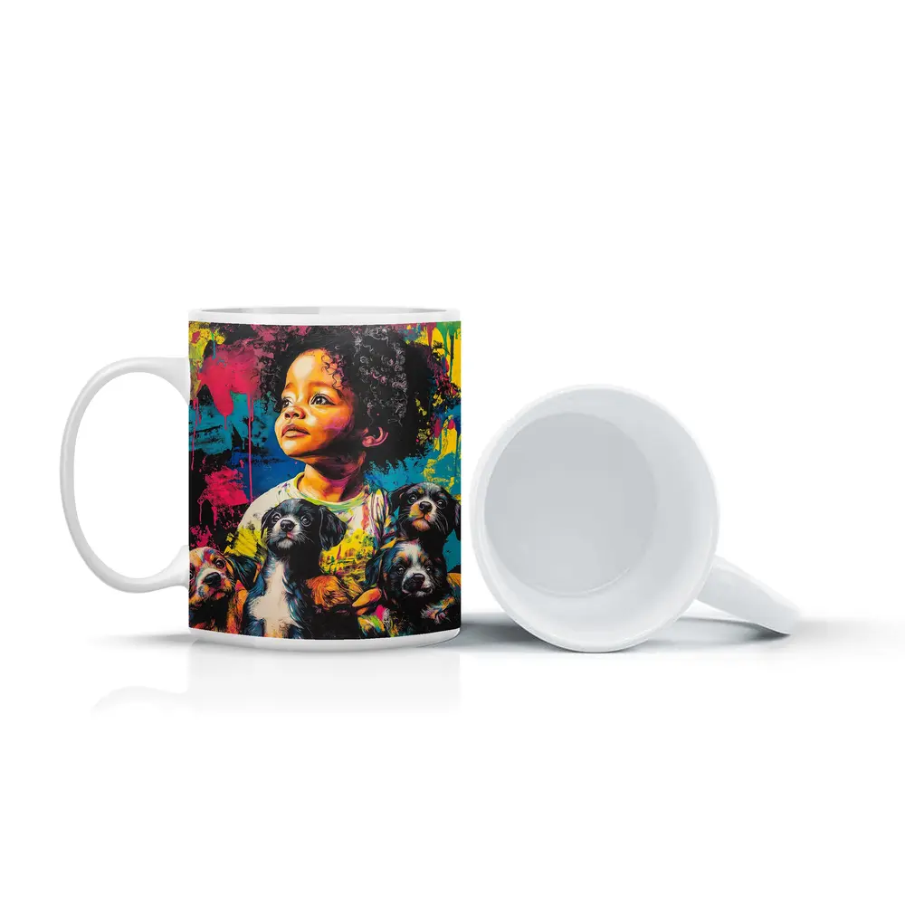 Child With Puppies Colorful Pop Art – Mugs