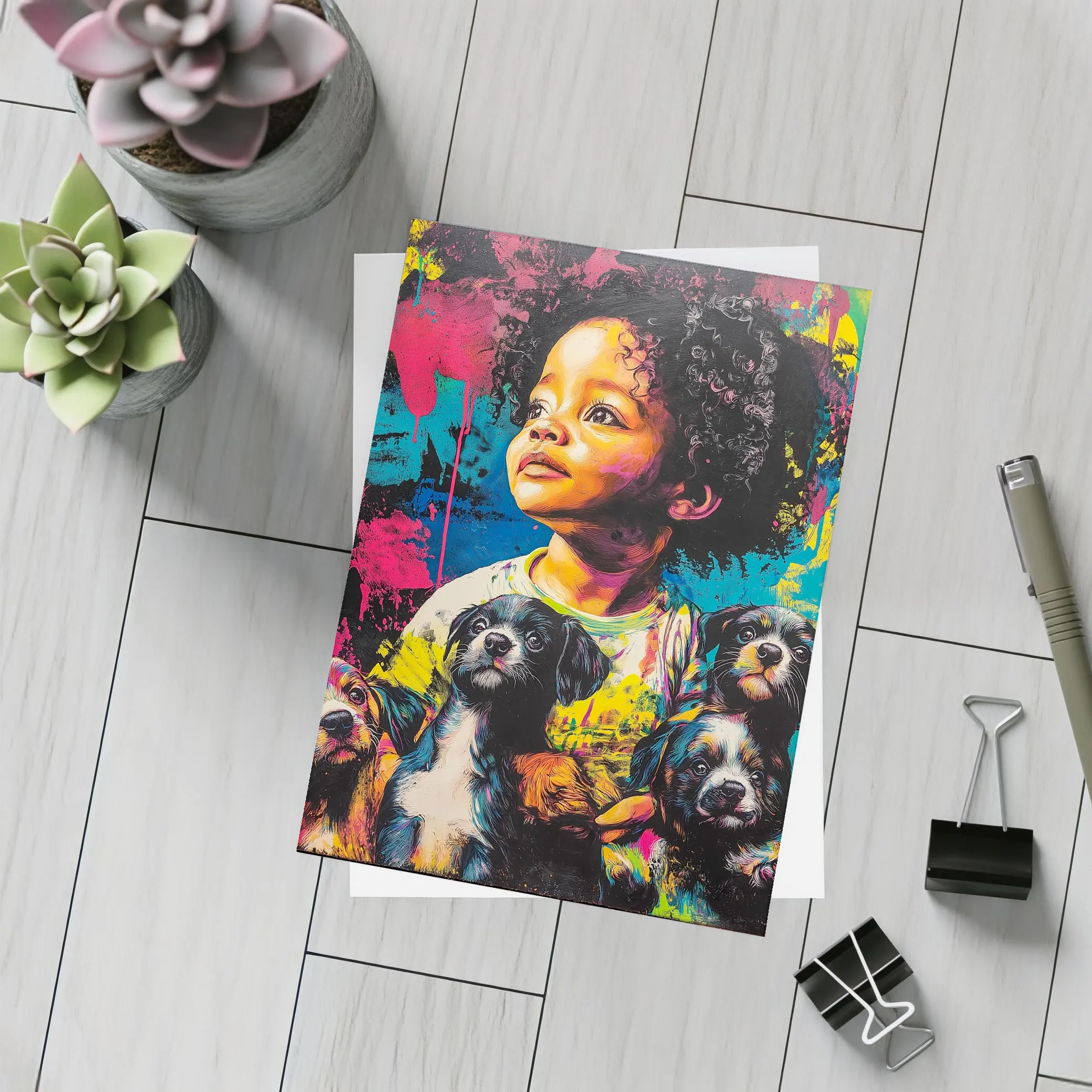 Child With Puppies Colorful Pop Art – Postcards