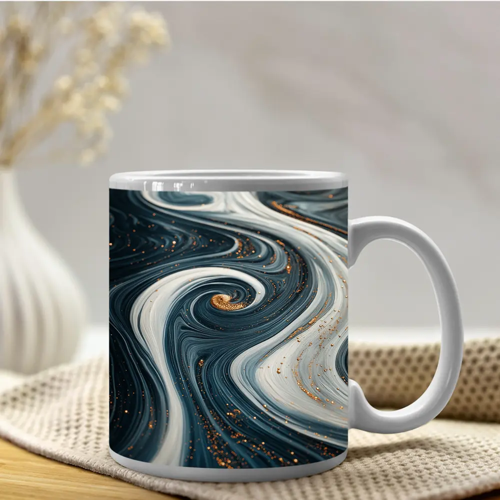 Dark Blue Marble Swirl Gold Abstract Art – Mugs