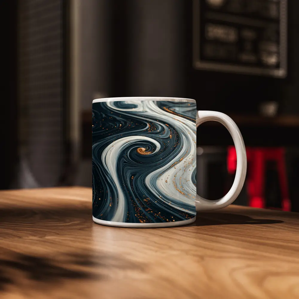 Dark Blue Marble Swirl Gold Abstract Art – Mugs