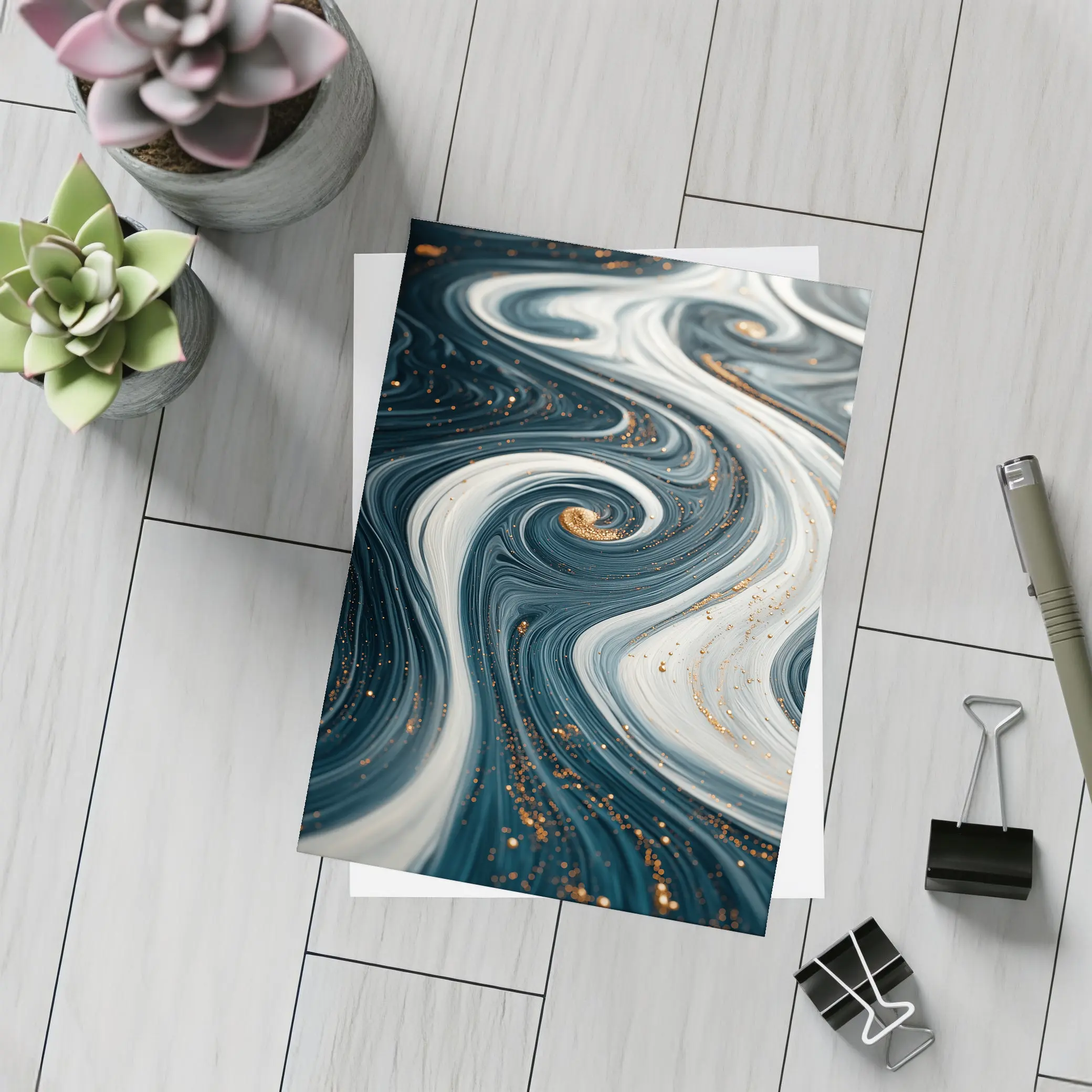 Dark Blue Marble Swirl Gold Abstract Art – Postcards