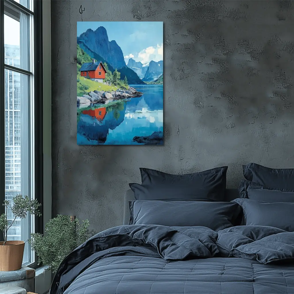 Red Cabin Norwegian Fjord Oil Painting – Wall Art