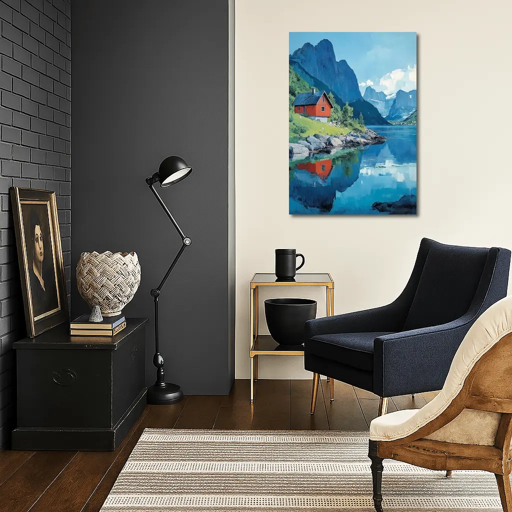 Red Cabin Norwegian Fjord Oil Painting – Wall Art