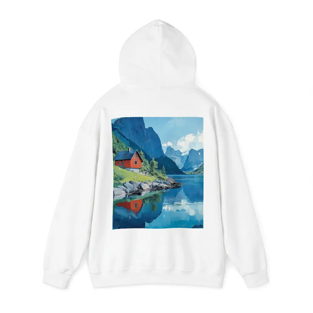 Red Cabin Norwegian Fjord Oil Painting – Hoodies