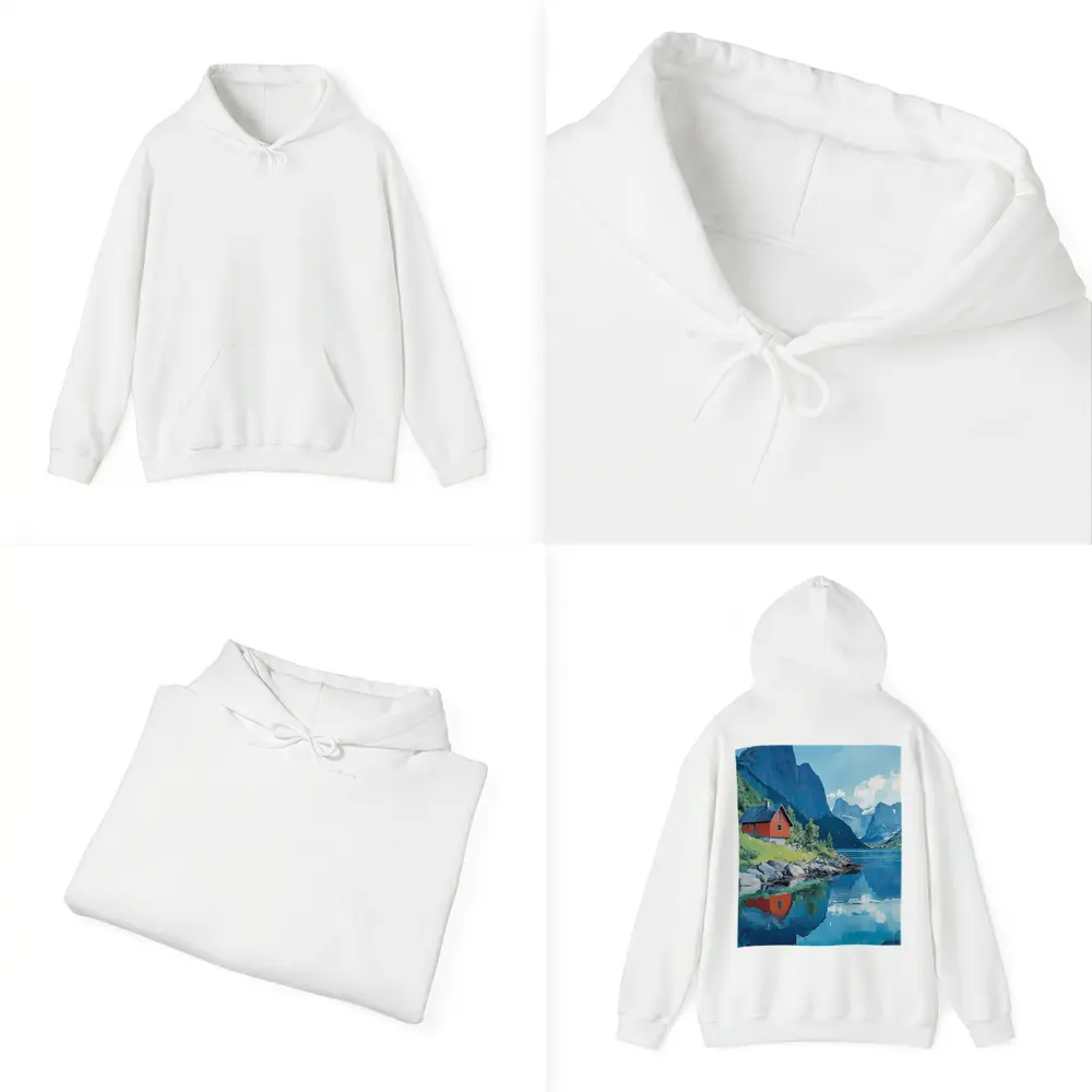 Red Cabin Norwegian Fjord Oil Painting – Hoodies