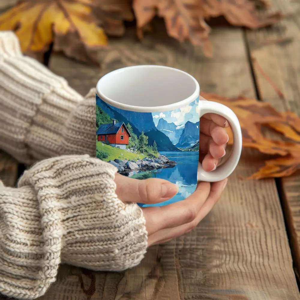 Red Cabin Norwegian Fjord Oil Painting – Mugs