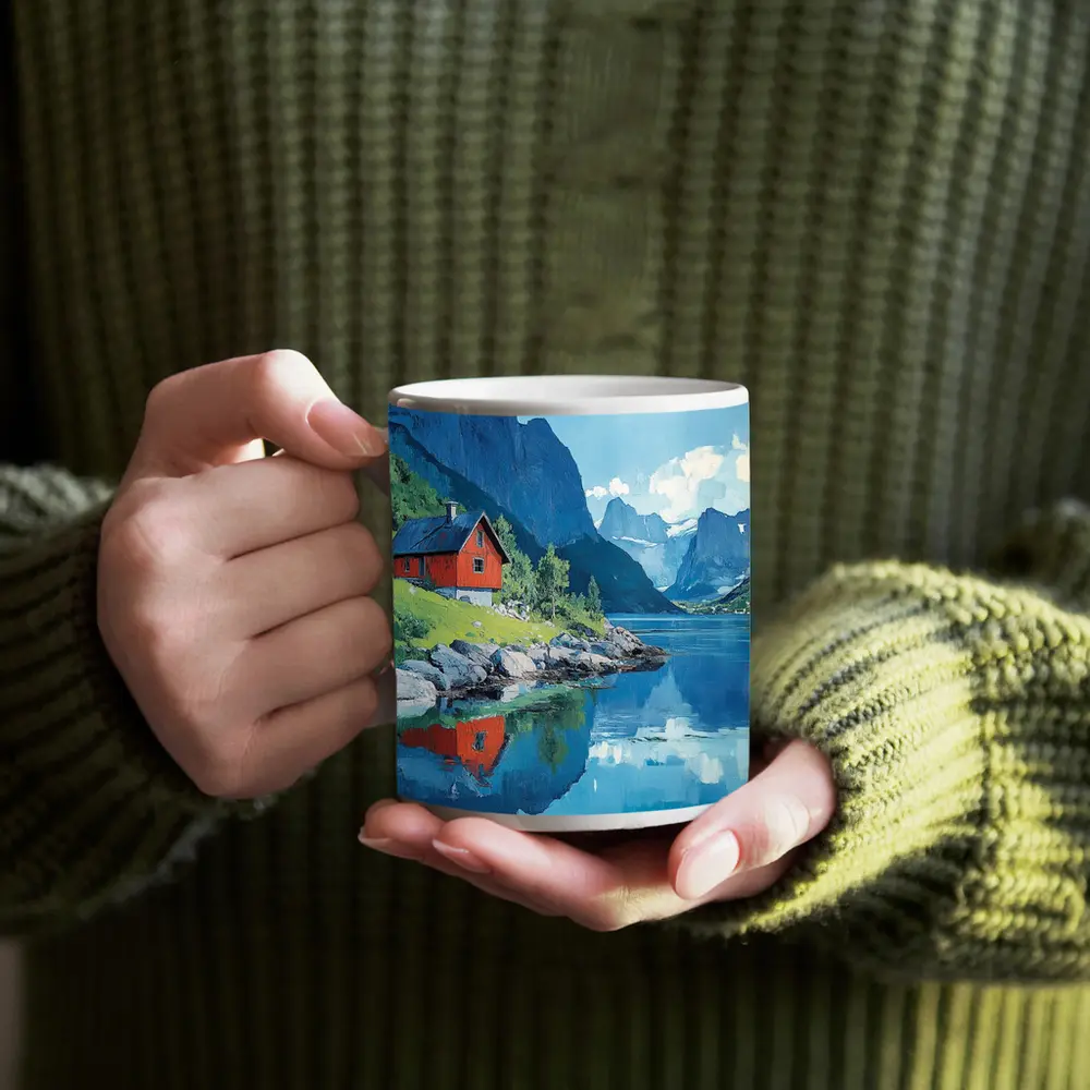 Red Cabin Norwegian Fjord Oil Painting – Mugs