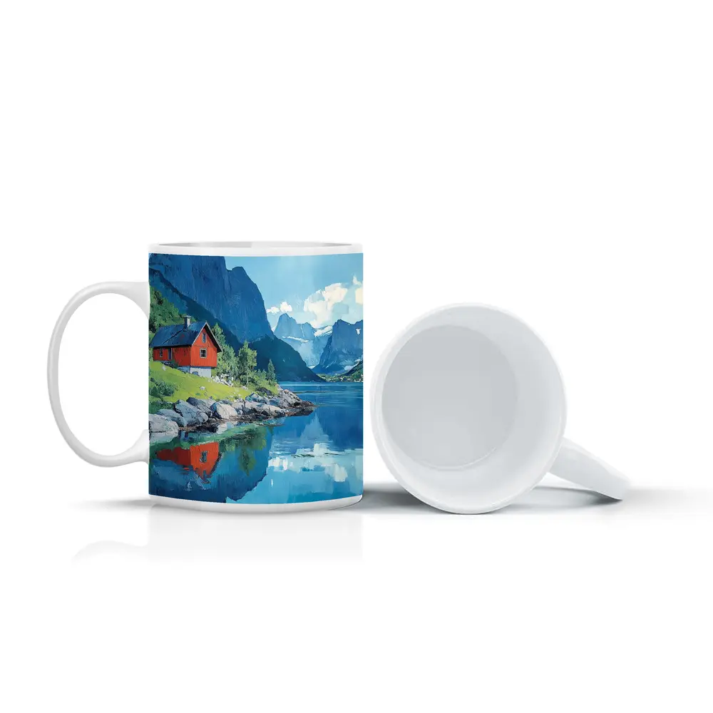 Red Cabin Norwegian Fjord Oil Painting – Mugs