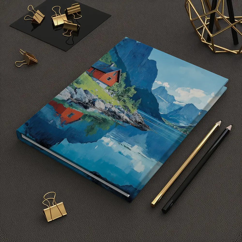 Red Cabin Norwegian Fjord Oil Painting – Notebooks