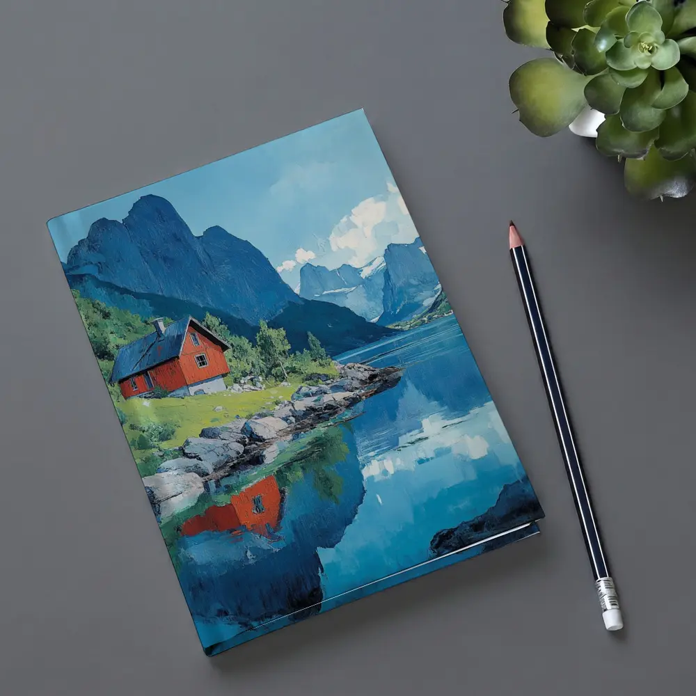 Red Cabin Norwegian Fjord Oil Painting – Notebooks