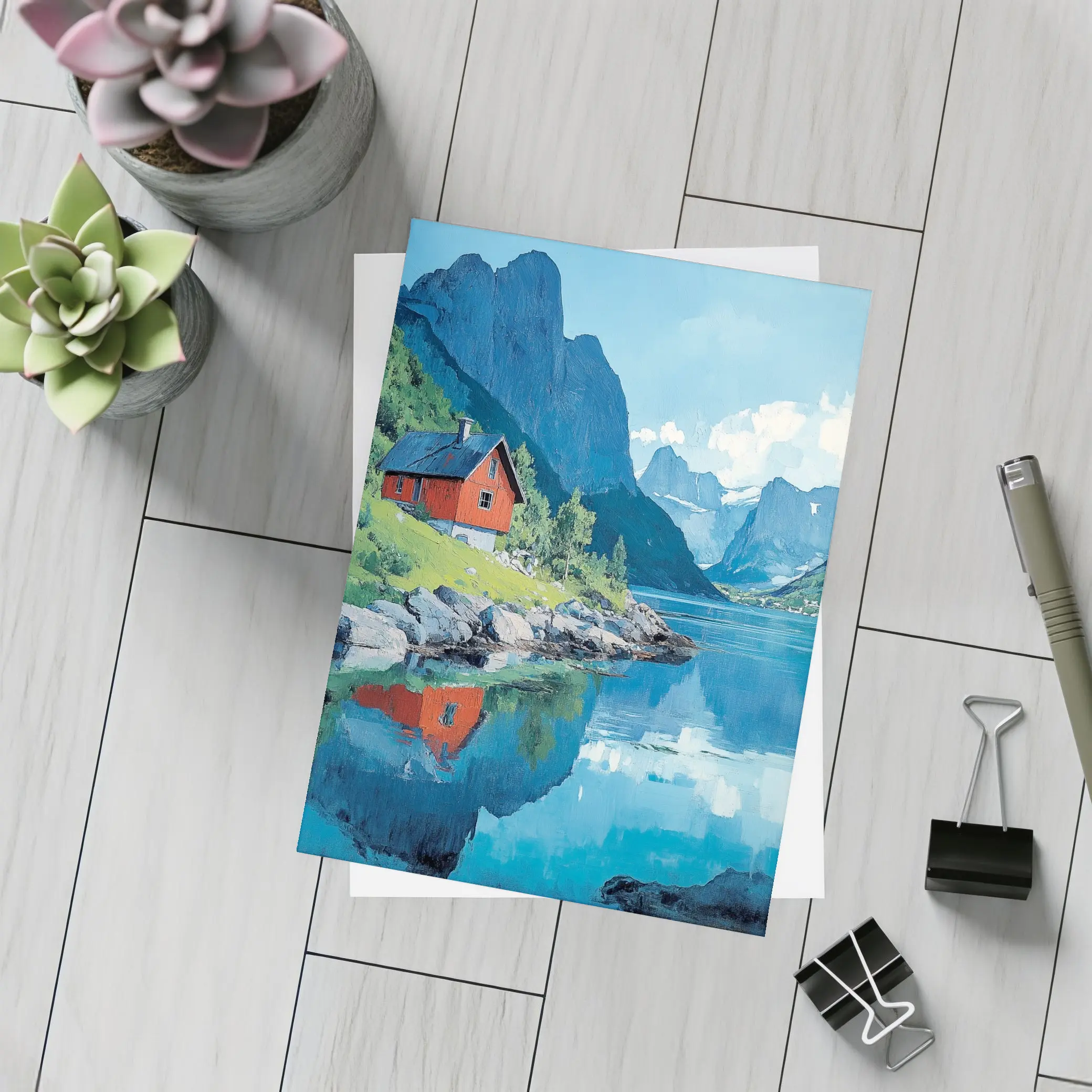 Red Cabin Norwegian Fjord Oil Painting – Postcards