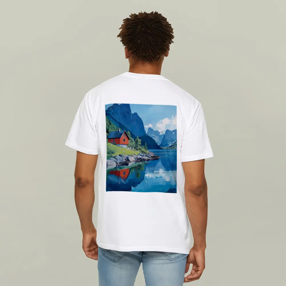 Red Cabin Norwegian Fjord Oil Painting – T-Shirts