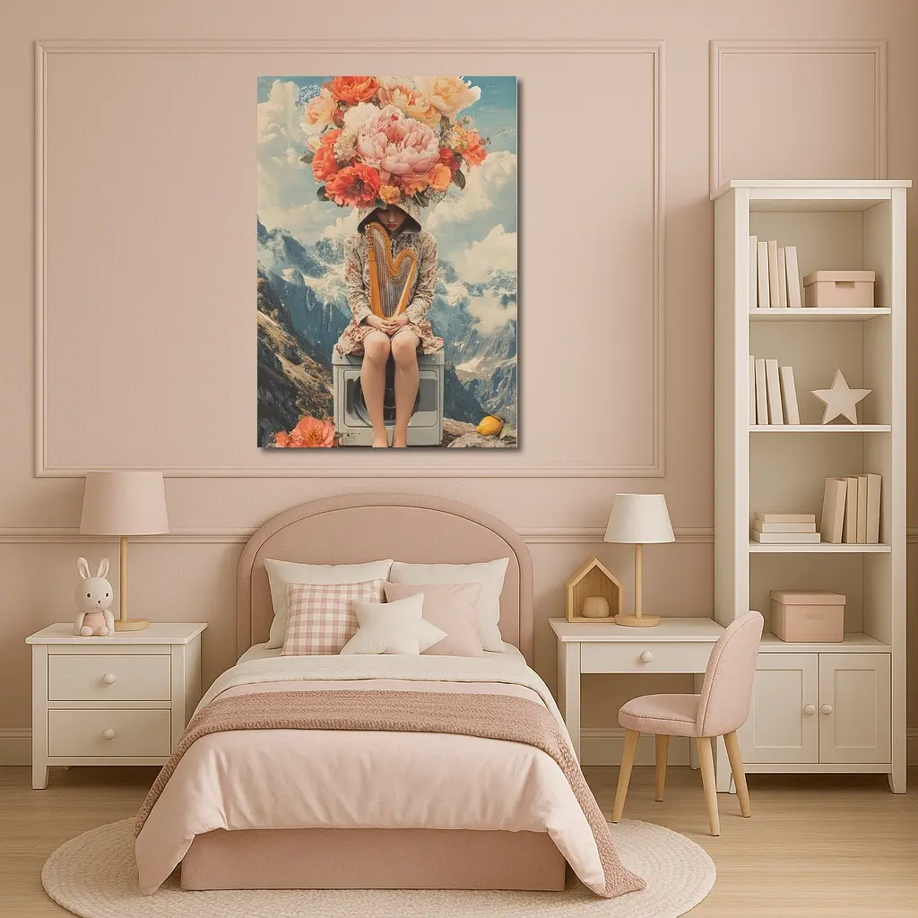 Floral Head Woman Harp Mountain Collage – Wall Art
