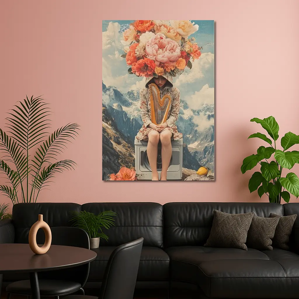 Floral Head Woman Harp Mountain Collage – Wall Art