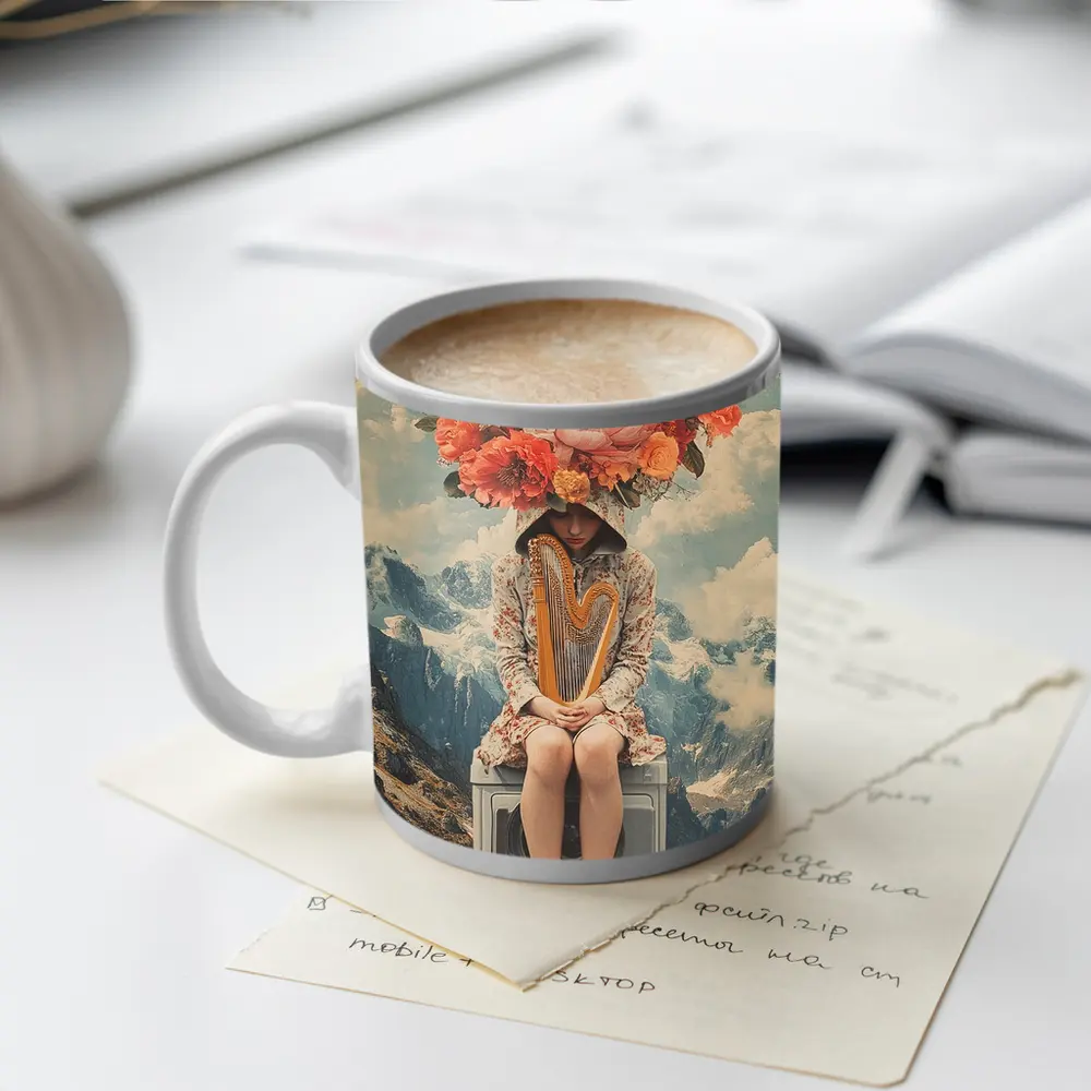 Floral Head Woman Harp Mountain Collage – Mugs